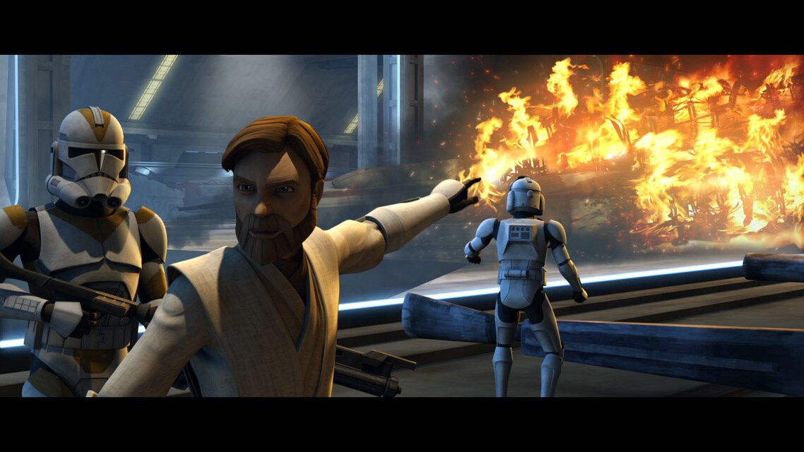 Still dealing with the Separatist sneak attack, Obi-Wan and the clones are sustaining heavy damag...