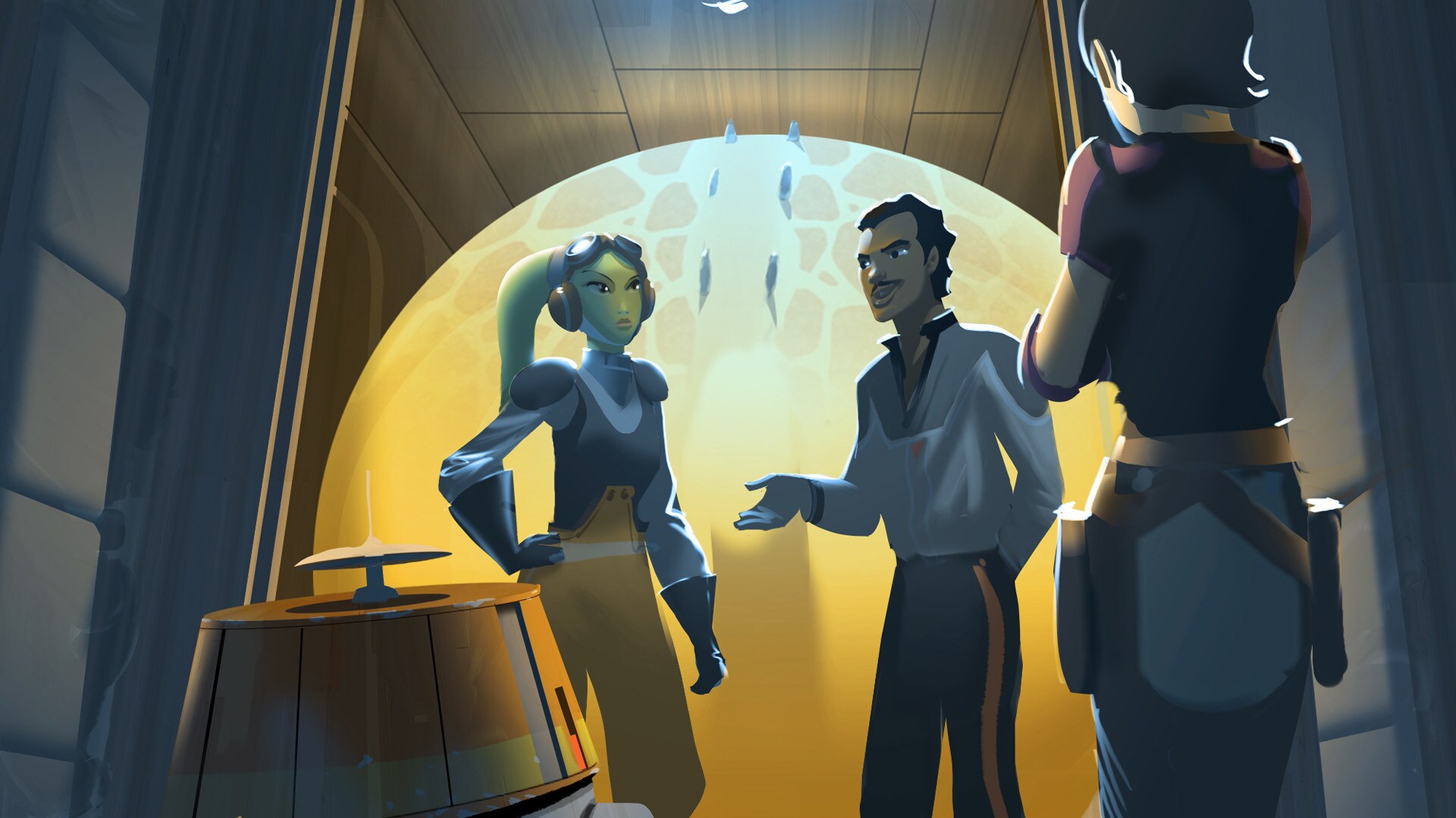 Digital concept painting of Lando's talk with Hera after escaping the Merchant One.