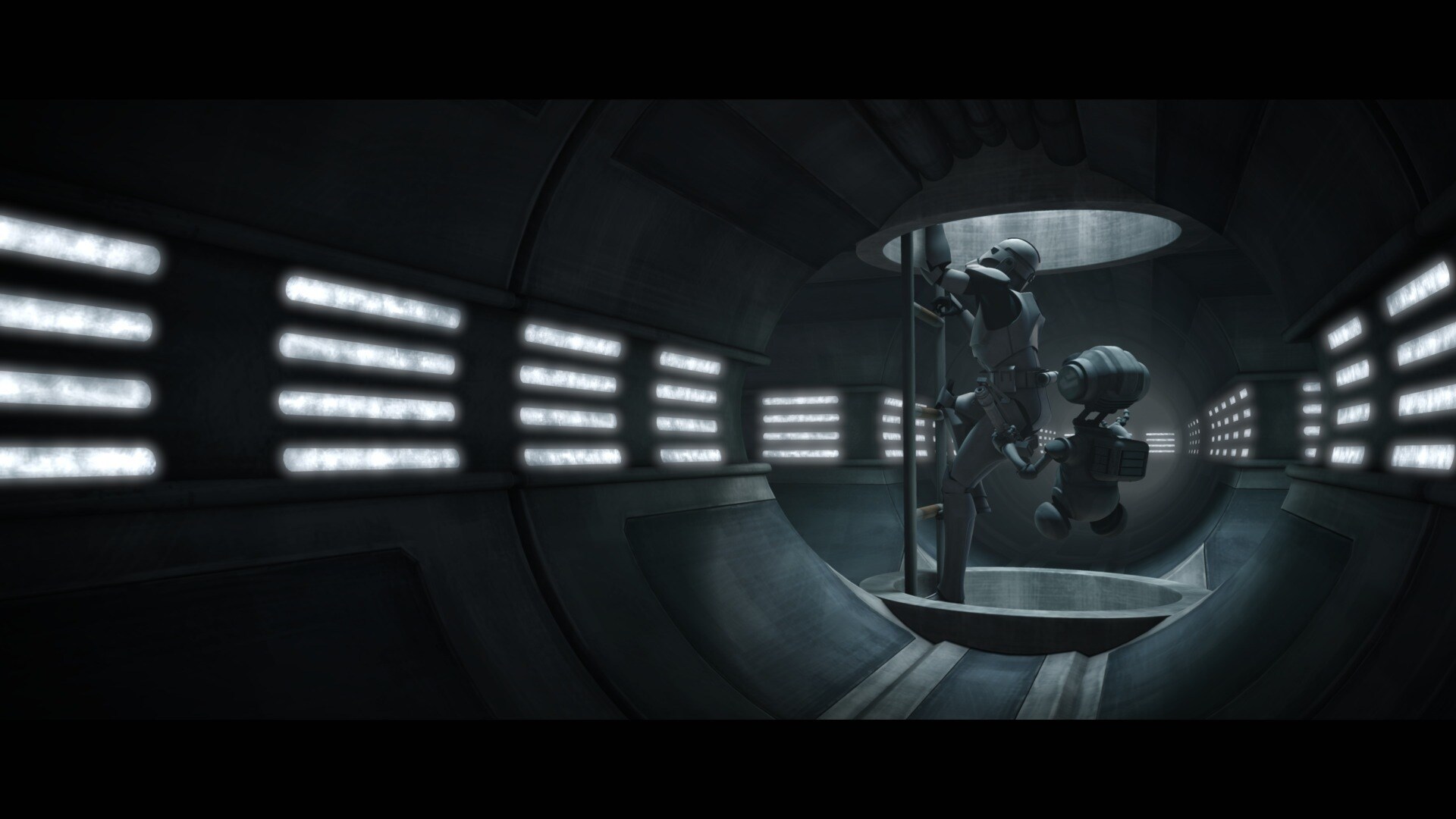 Fives notices that the Kaminoans are beginning to exit. He and AZI-3 leave through an emergency a...