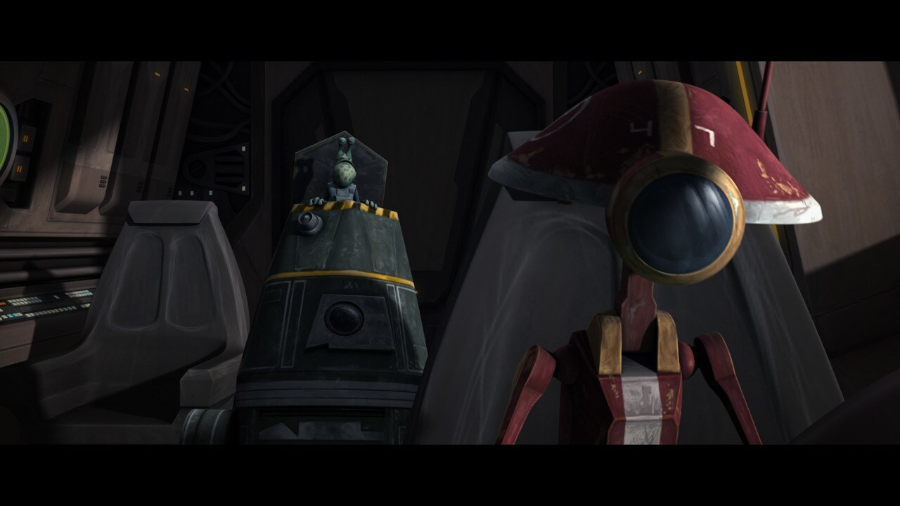 The droids load onto a captured Neimoidian shuttle in the Jedi Temple hangar. The shuttle nears t...