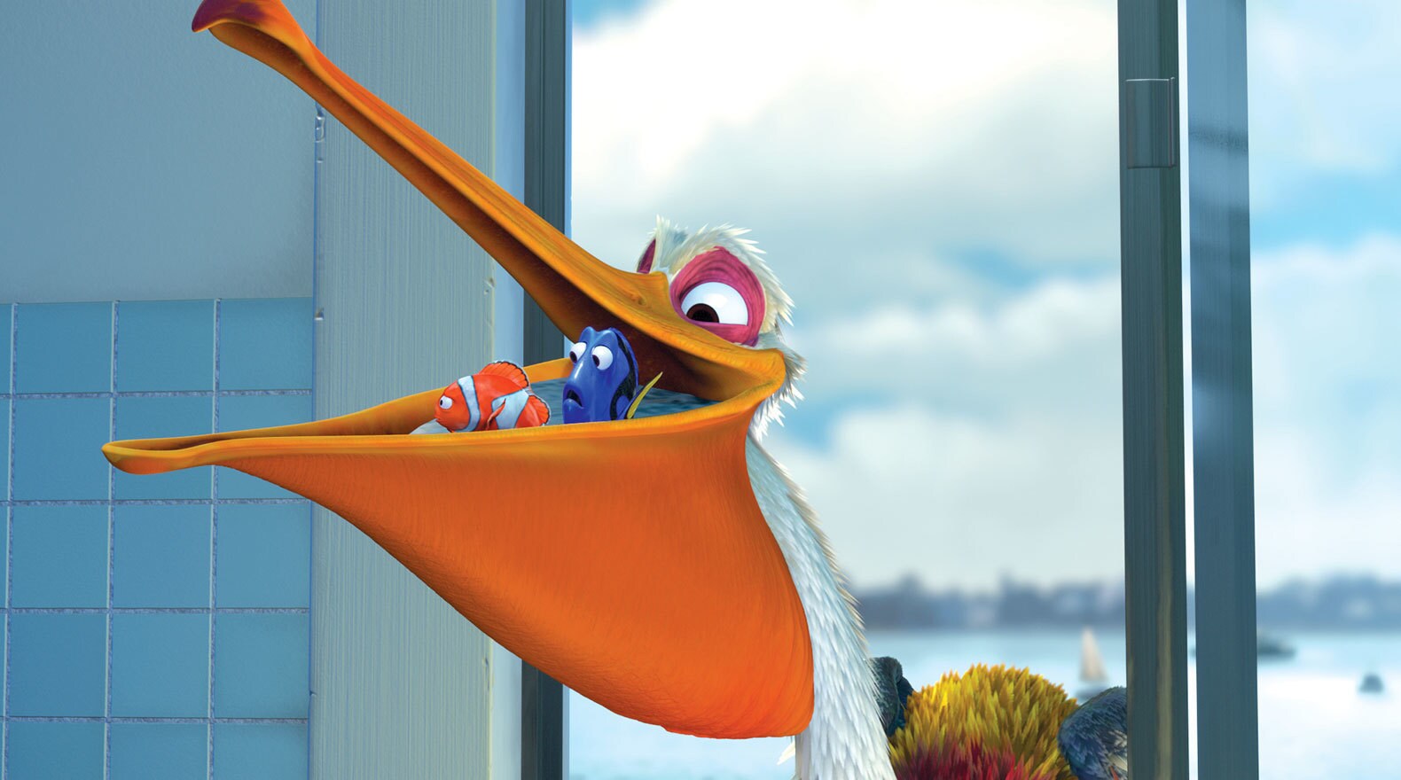 Nigel (Geoffrey Rush) transporting Marlin (Albert Brooks) and Dory (Ellen DeGeneres) in his mouth in "Finding Nemo"
