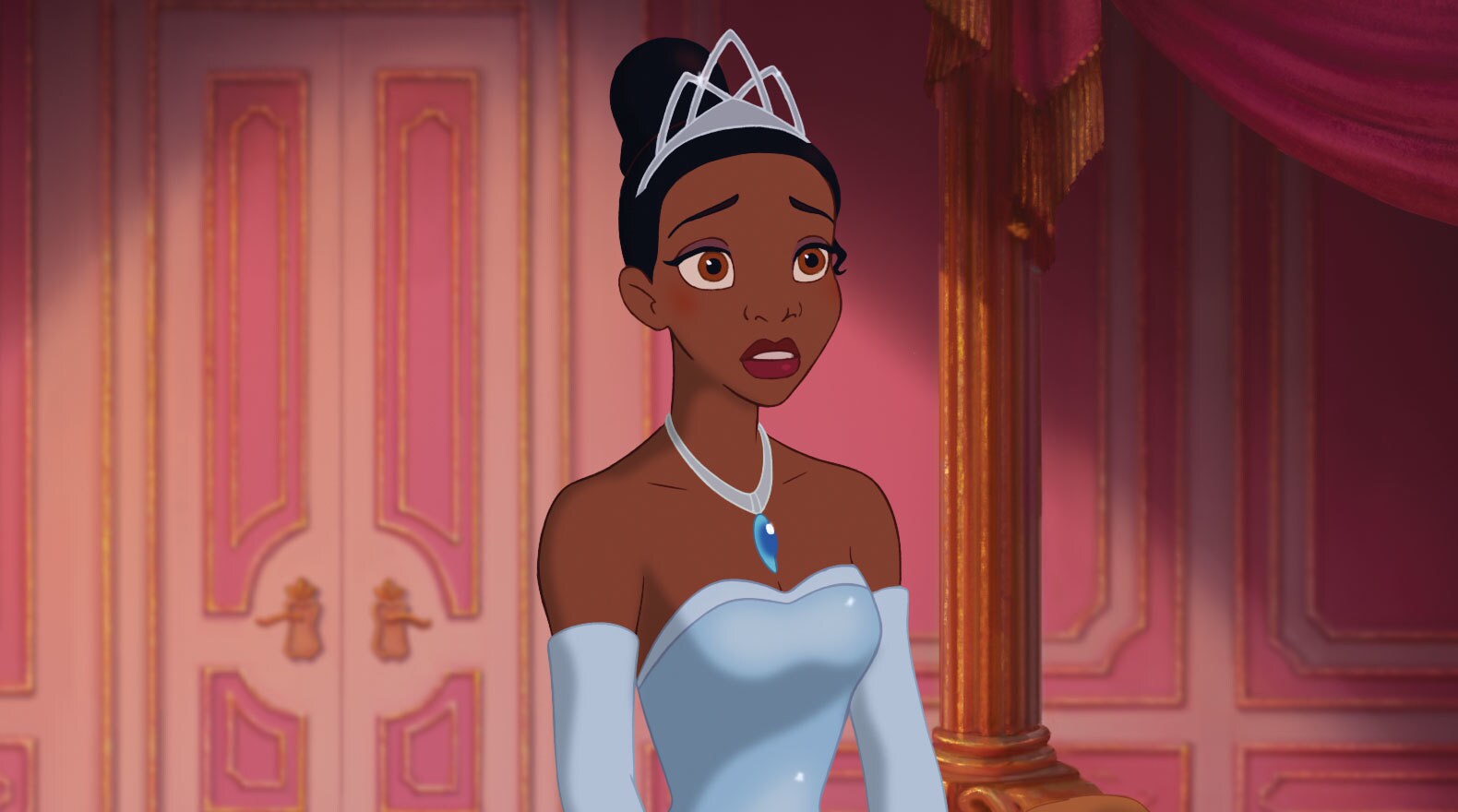 Tiana in a blue princess dress in The Princess and the Frog