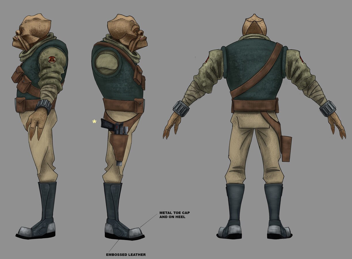 Concept art of the side and rear views of the Klatooinian bounty hunter Castas