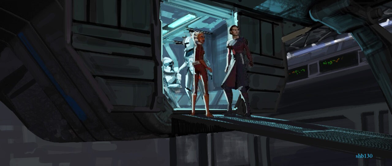 Concept art of Anakin and Ahsoka boarding shuttle