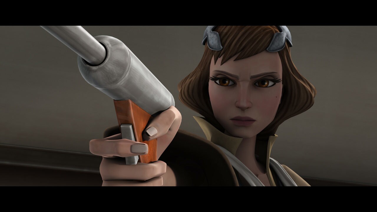Ahsoka blocks Aurra's blaster fire from hitting Padmé, but she's soon hit and falls to the ground...