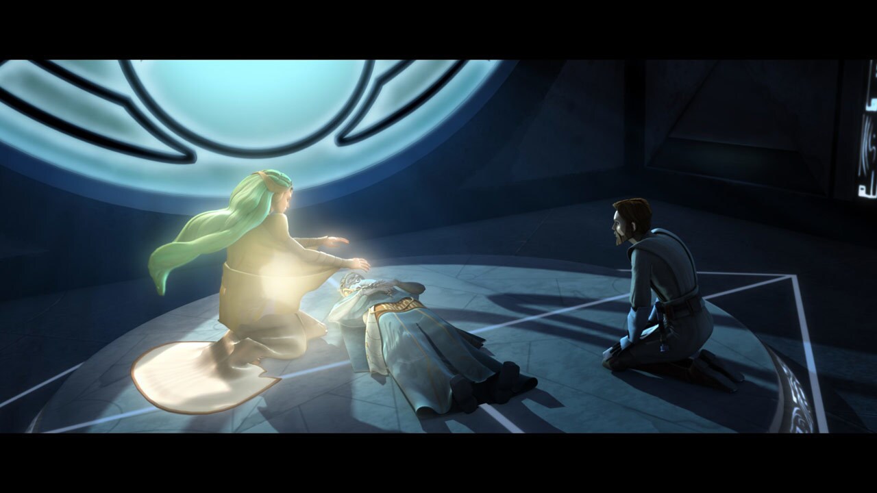 The Father lies unconscious as the Daughter looks over him. Obi-Wan pleads for her to help Anakin...