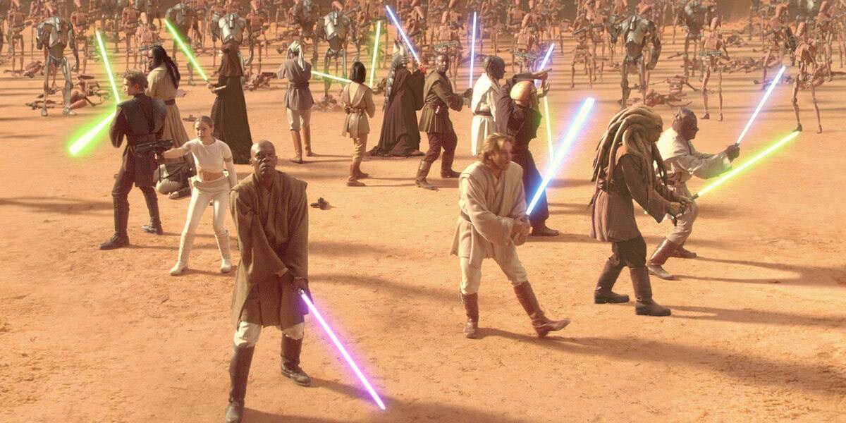 Jedi surrounded by Battle Droids during the Battle of Geonosis