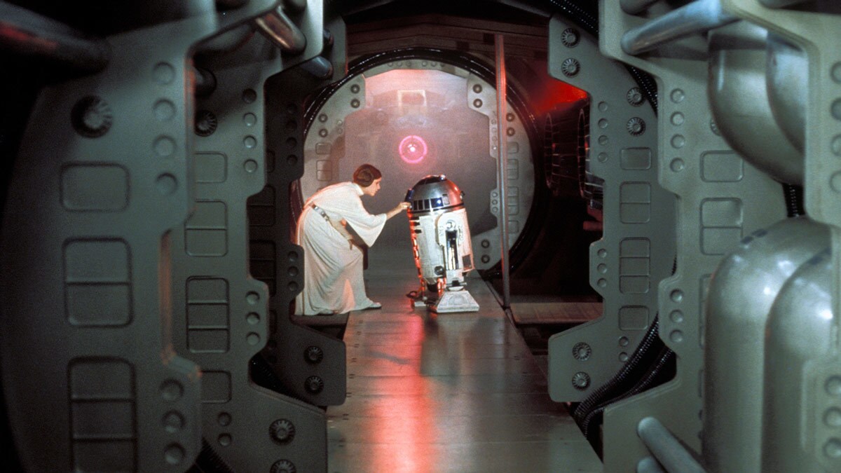Leia Organa hiding the Death Star plans with R2-D2