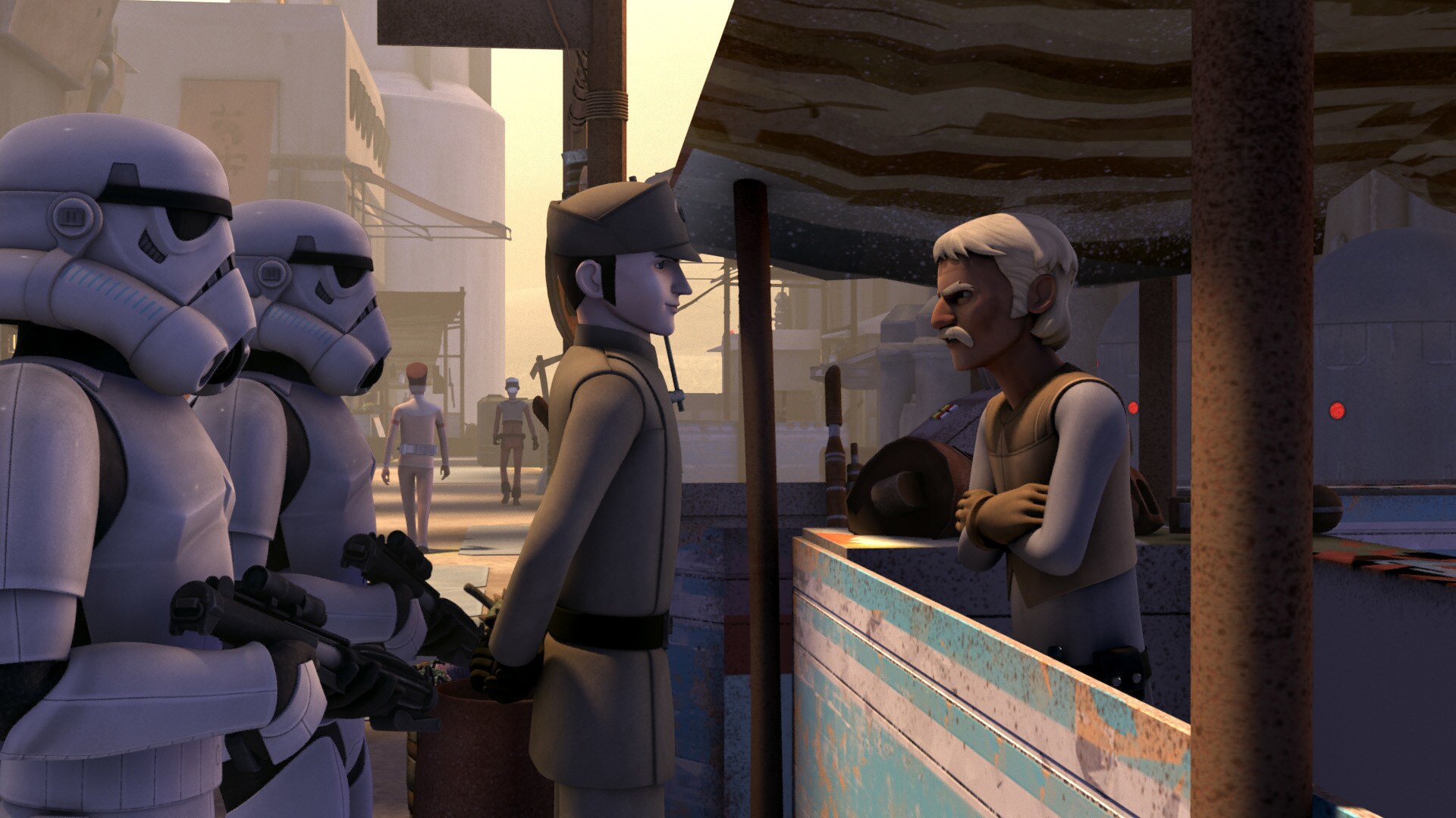 Ezra says his goodbyes, but notices Supply Master Lyste and a stormtrooper escort nearby. He watc...