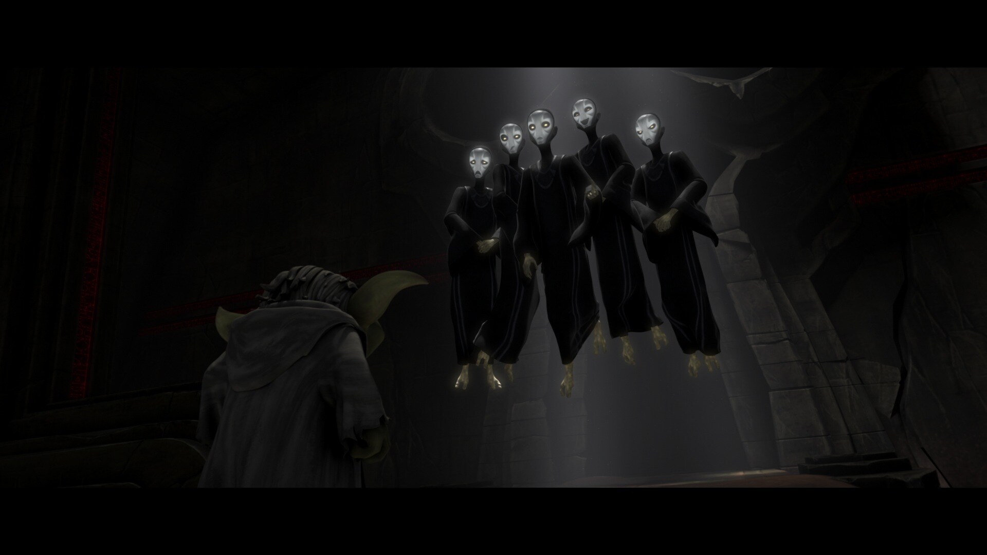 In the dark tomb on Moraband, Yoda enters a large chamber where the ancient Sith would sacrifice ...