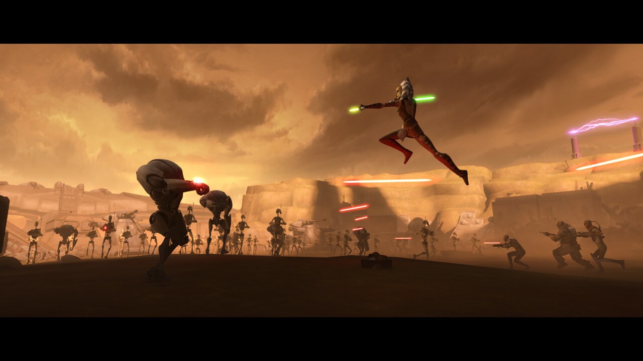 Emerging from the pirate base, Ahsoka leads the charge against the droid army. Jedi and pirate, s...