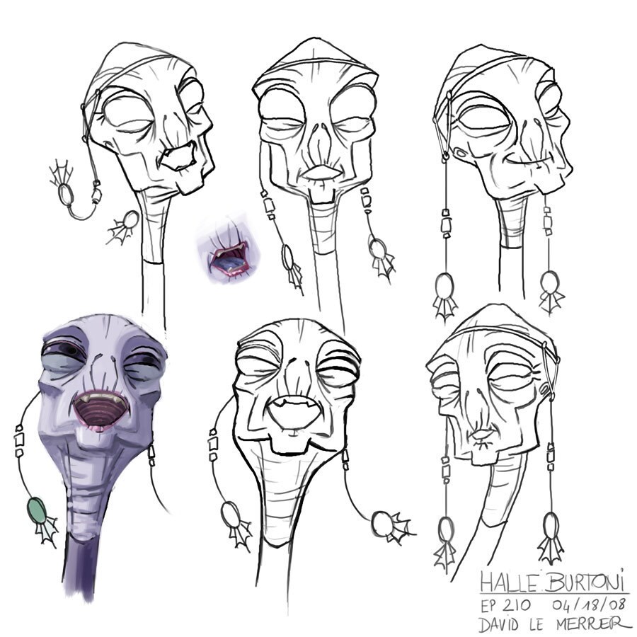 Different concept art sketches of Senator Halle Burtoni's facial expressions
