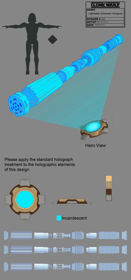 Lightsaber schematic hologram design illustration by Will Nichols.