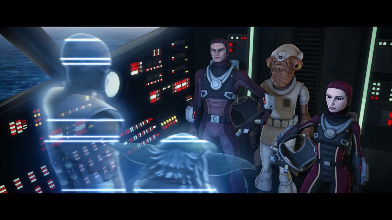 Padmé Amidala and Anakin Skywalker return with Captain Ackbar to their frigate floating just abov...
