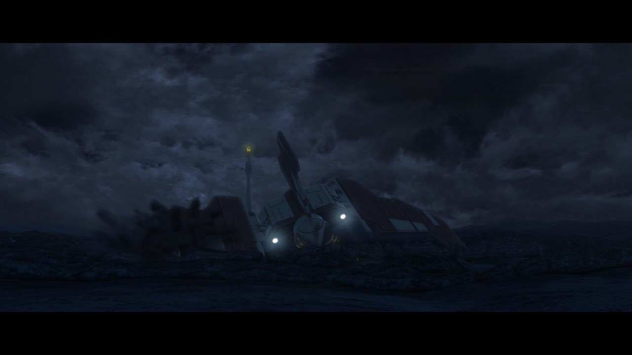 The near-miss disables the shuttle, and Anakin brings it down for a hard landing on the planet su...
