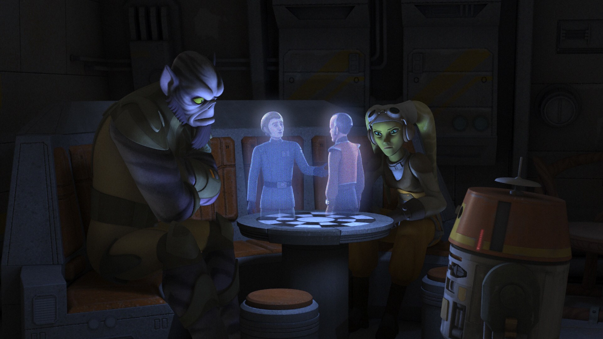 On the HoloNet, Zeb and Hera watch Alton Kastle's exclusive interview with Gall Trayvis. The trai...