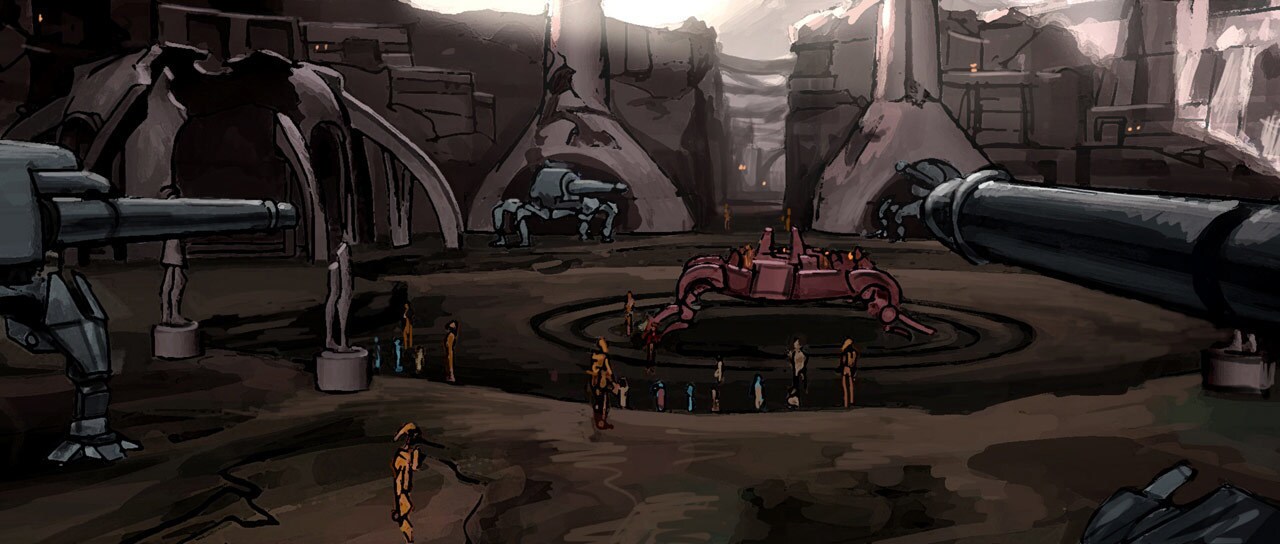 Concept art of Nabat courtyard with gun emplacements and Twi'lek prisoners
