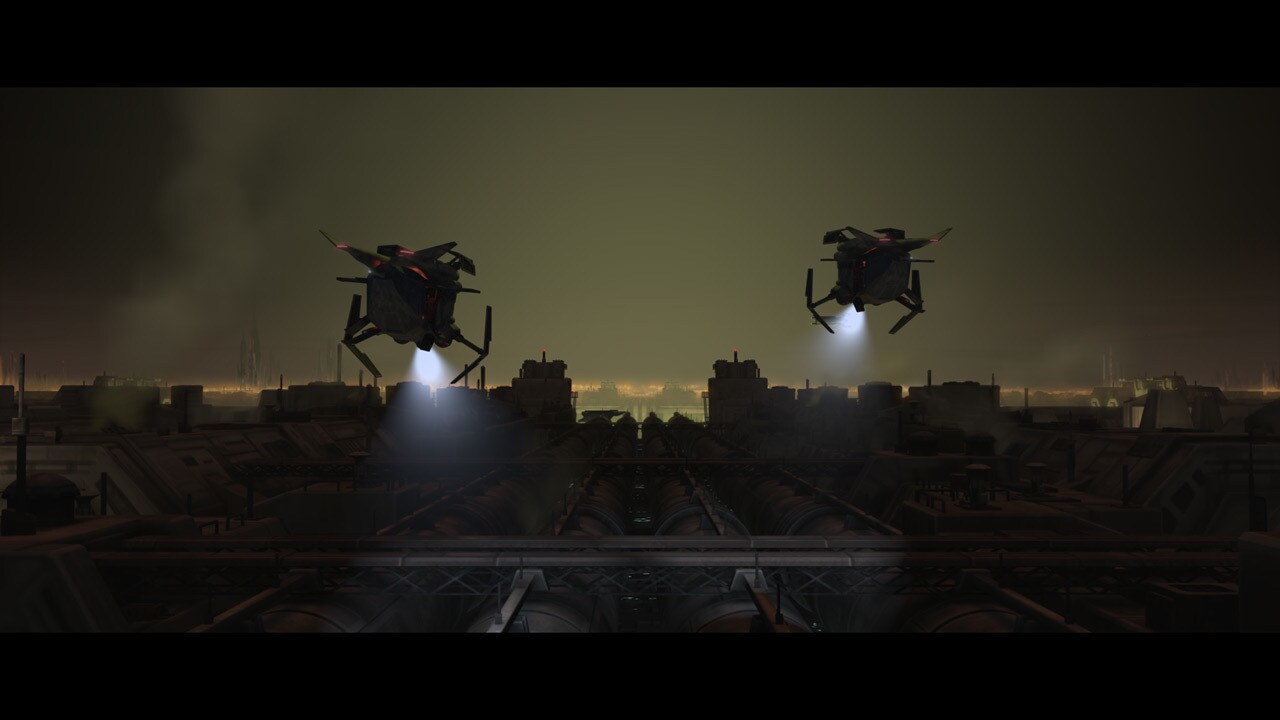 Two Republic police gunships streak from the city surface into an enormous underworld portal. One...