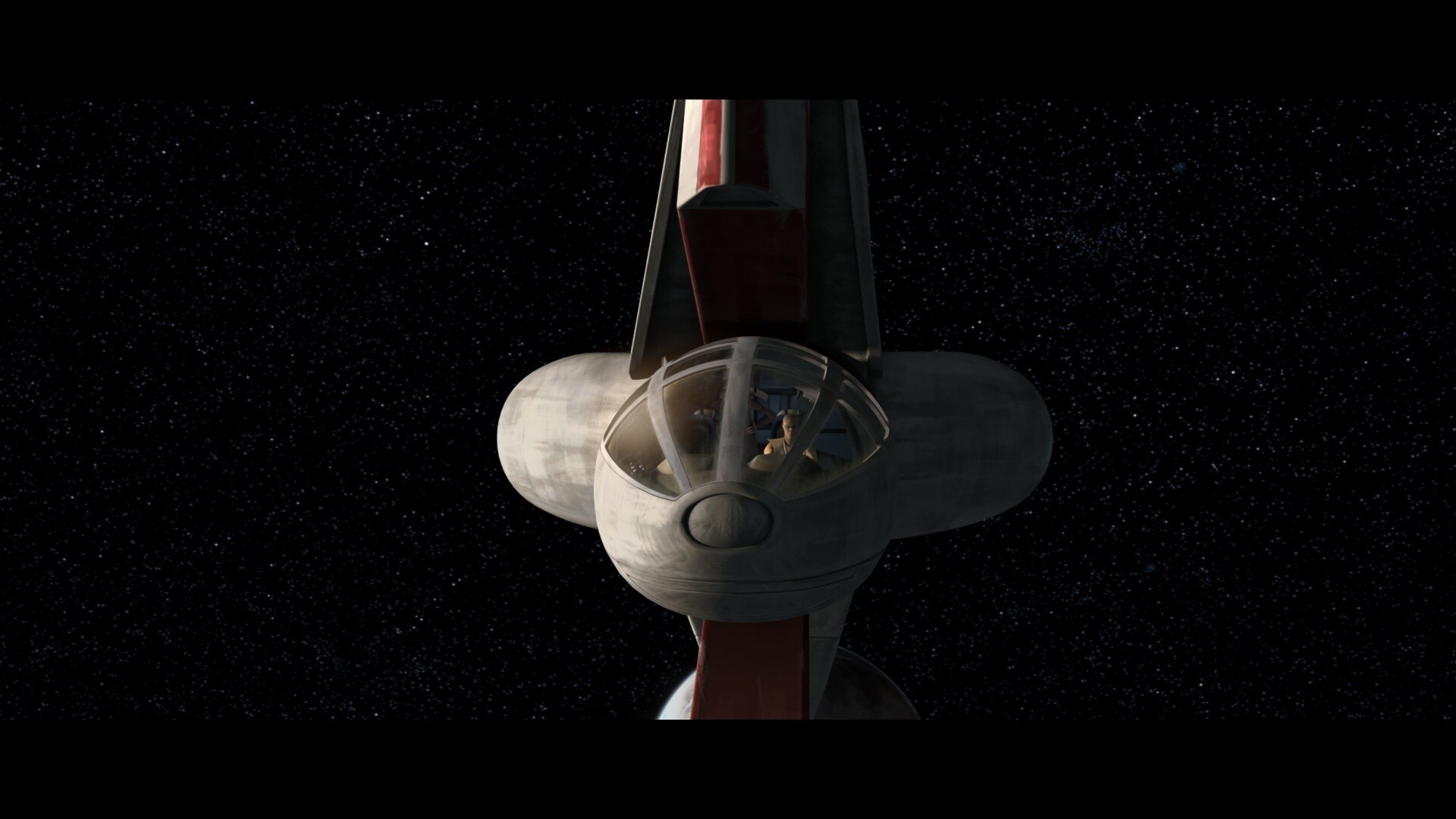 Mace Windu and Jar Jar Binks depart Bardotta in a Jedi shuttle. Jar Jar describes to Mace the Fra...