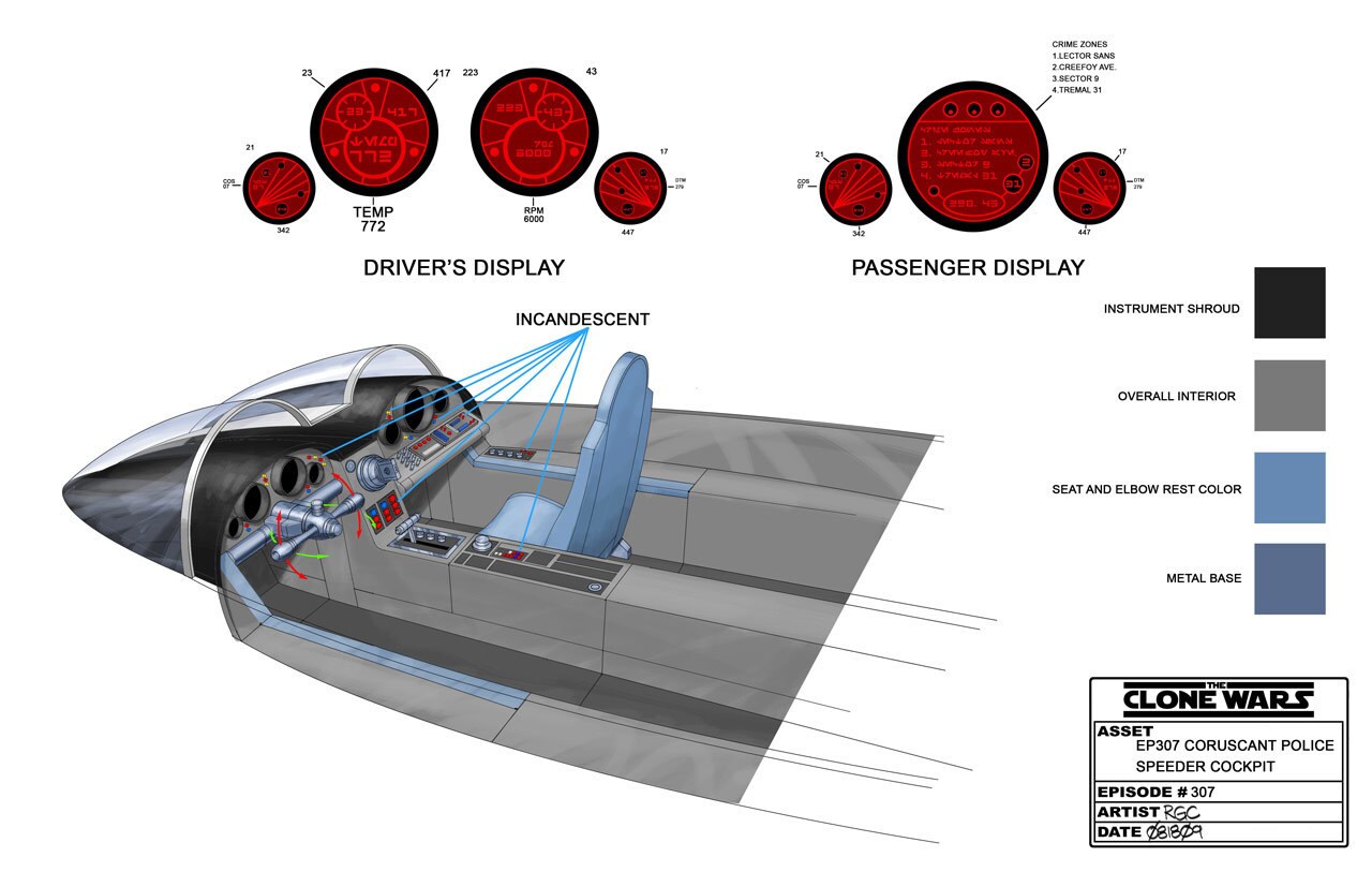 Concept design for Coruscant police speeder interior