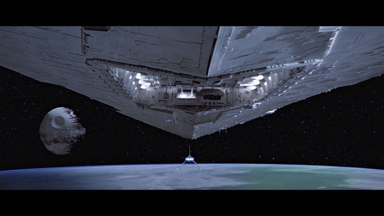 Darth Vader's shuttle disembarks from a Star Destroyer and heads toward the second Death Star, wh...