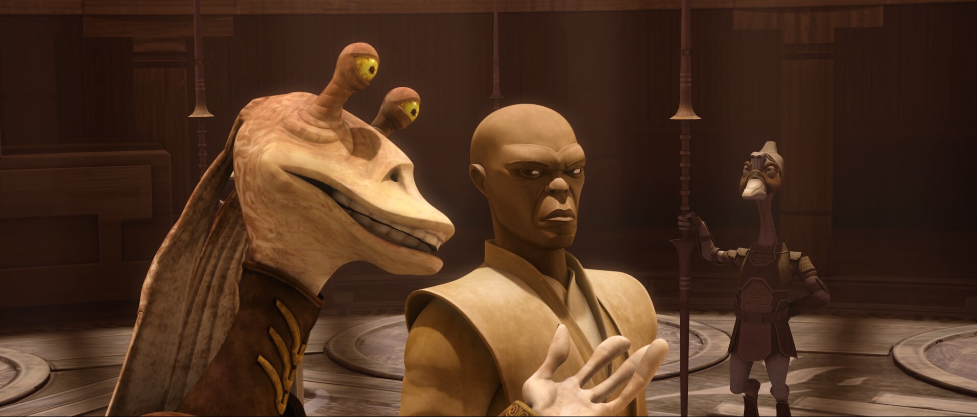 Late in the war, Mace traveled to Bardotta with Representative Jar Jar Binks to meet with Queen J...