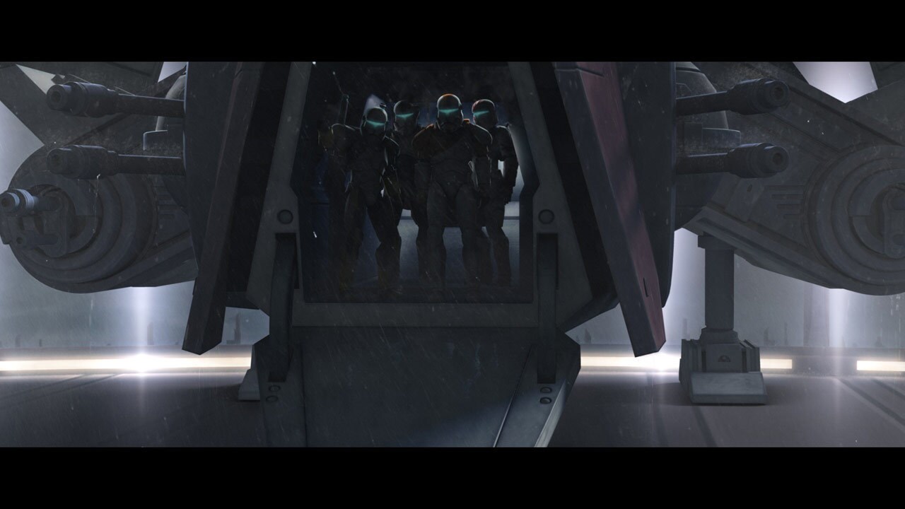 A shuttle carrying the two dead Jedi from the Devaron massacre arrives at the Jedi Temple on Coru...