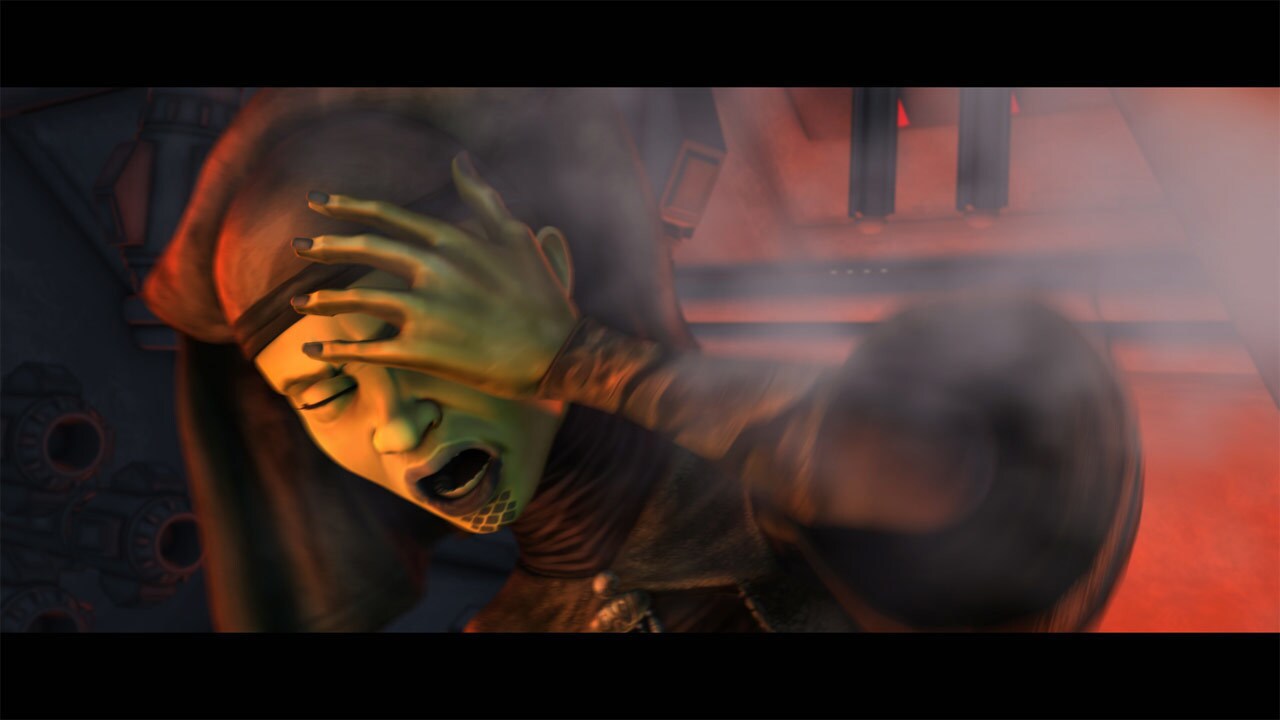 Unduli arrives in the smoldering engine room, where she is promptly pounced upon by Ventress. Asa...