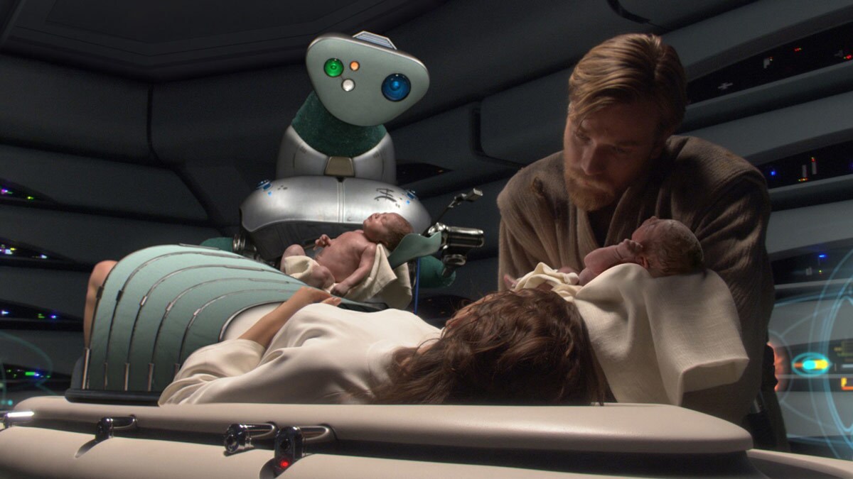 Obi-Wan Kenobi standing at Padmé Amidala's side as she gives birth to twins 