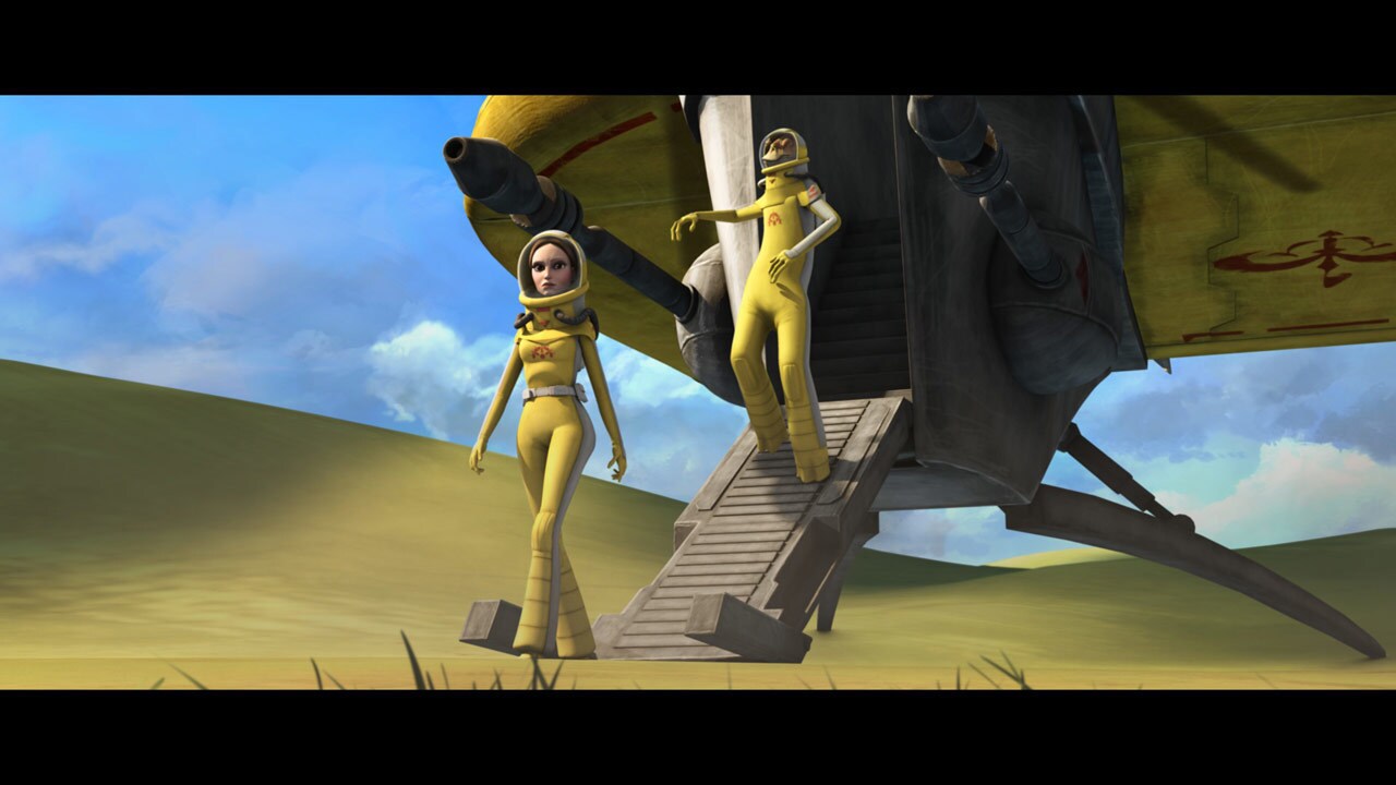 A Naboo scout carrier sets down near the river, near the dead shaaks. Padmé and Jar Jar emerge in...