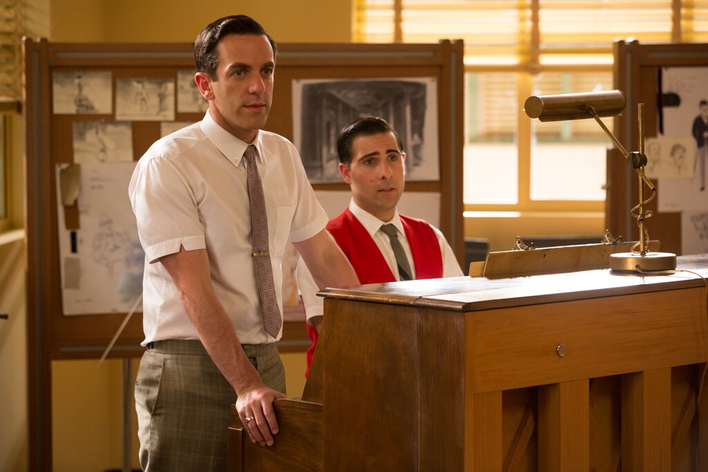 Actors B.J. Novak (as Robert Sherman) and Jason Schwartzman (as Richard Sherman) behind a piano in the movie "Saving Mr. Banks".