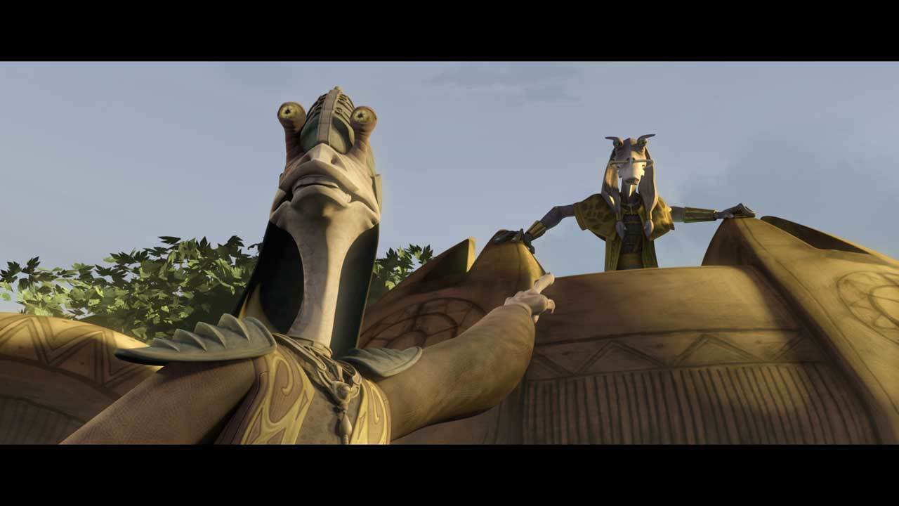 As Lyonie, Jar Jar addresses the troops. He cancels the attack, calling it a terrible mistake. Ja...