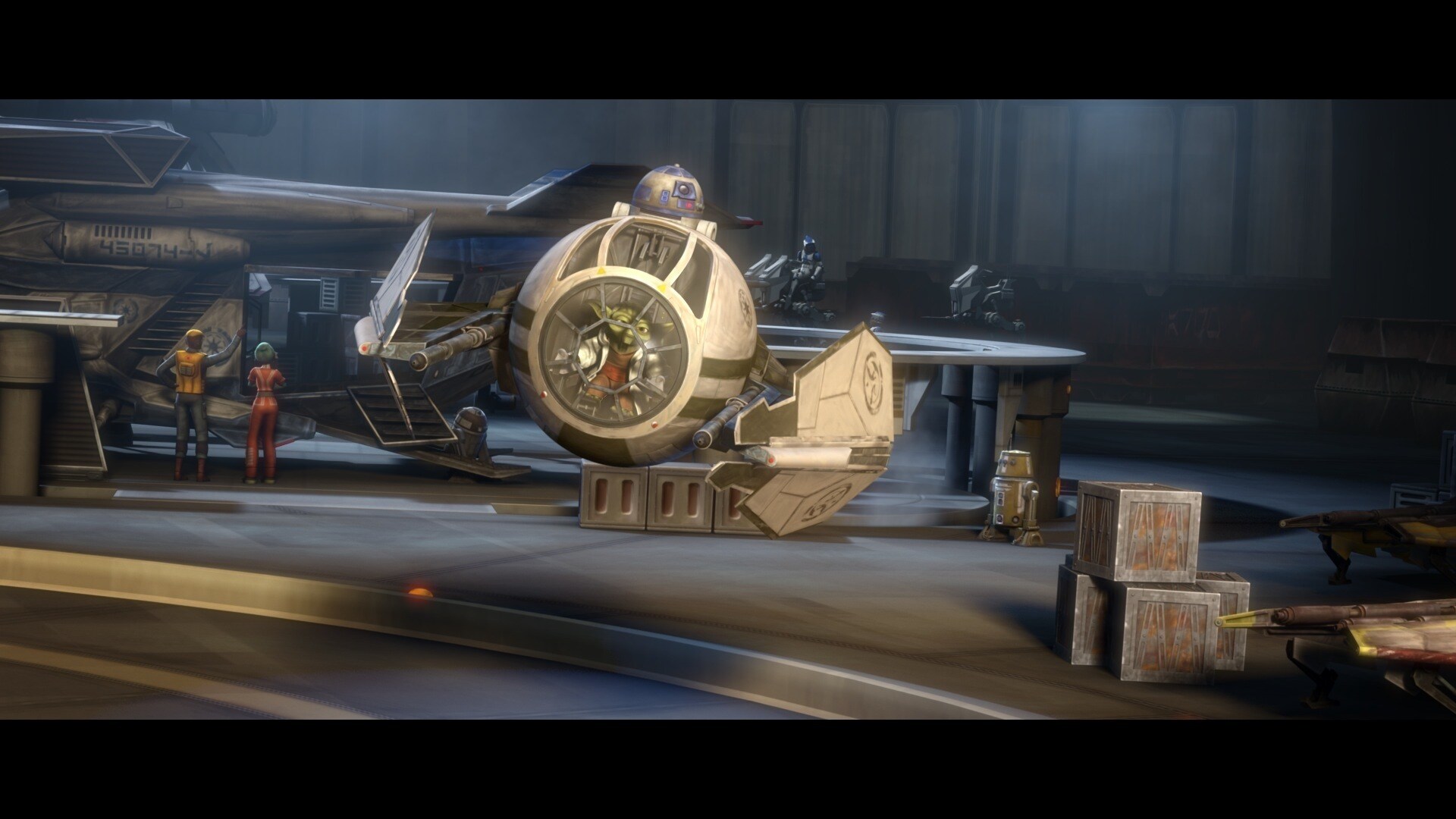 Anakin leads Yoda to the Jedi Temple hangar. He tasks R2-D2 to take Yoda to his ship and get him ...