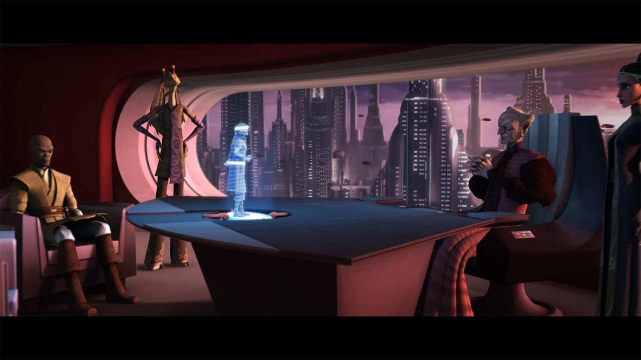 On Coruscant, Chancellor Palpatine received a holographic message from Ohnaka. The pirate chief m...