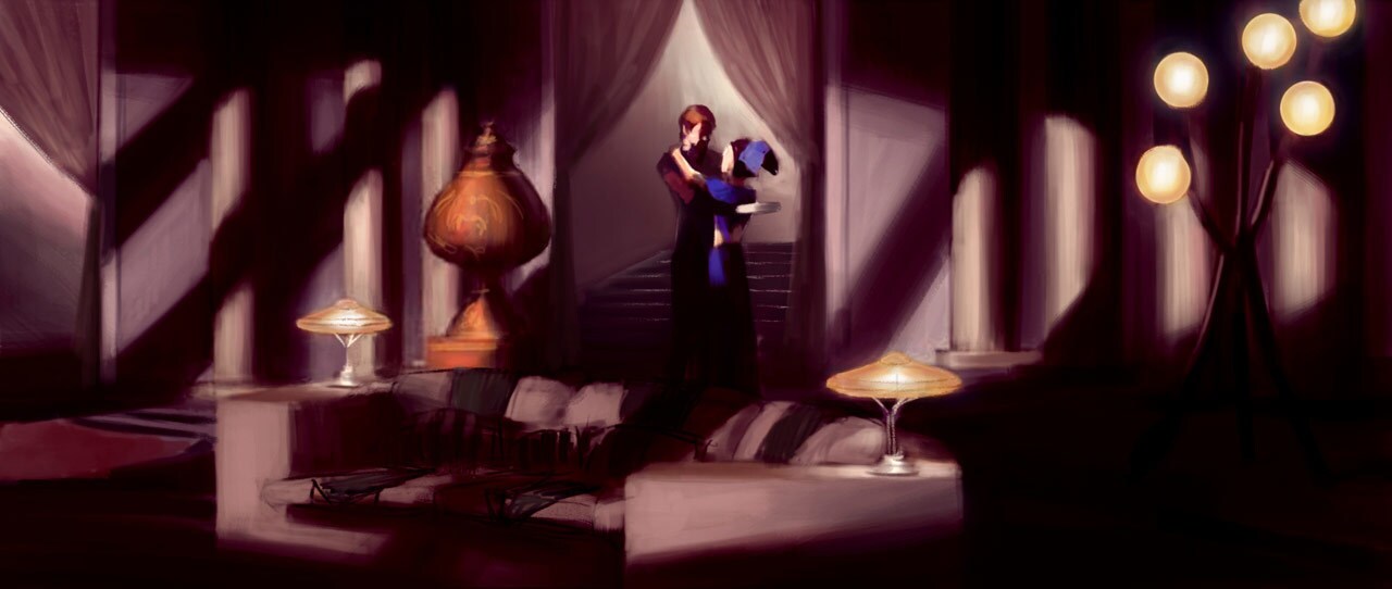 Lighting concept art of Anakin and Padmé in her apartment