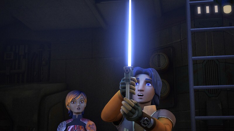 Sabine Wren watching as Ezra Bridger ignites his lightsaber