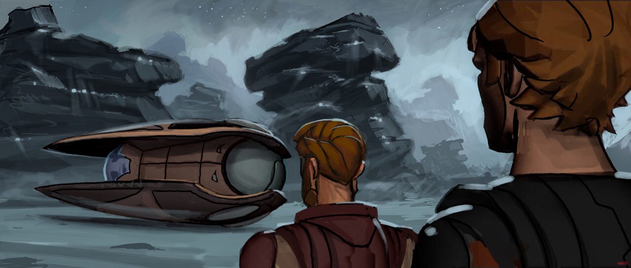 Concept art of Obi-Wan and Anakin discovering Dooku's solar sailer on Florrum