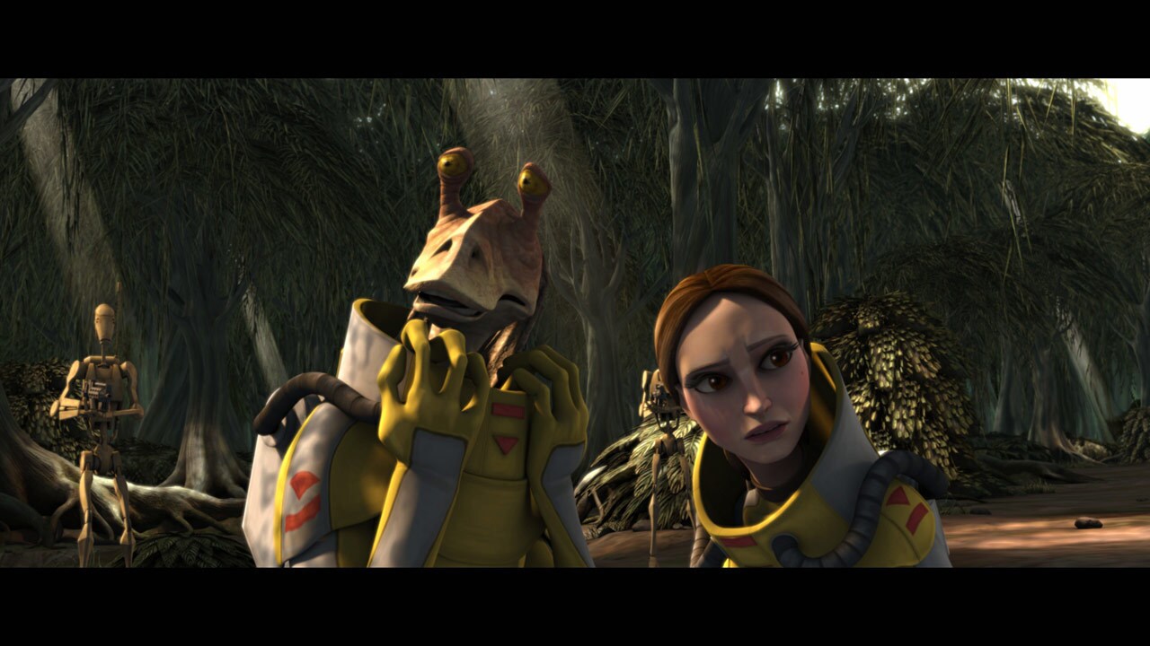 Searching the eastern swamps, Padmé and Jar Jar are captured by battle droids and led into the un...