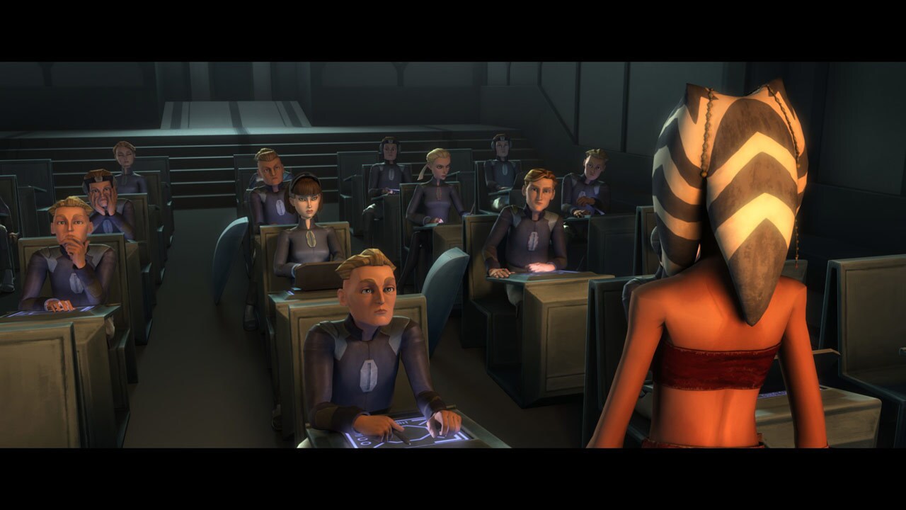 Ahsoka teaches the cadets, including Korkie, Amis and Lagos, about the power of widespread corrup...