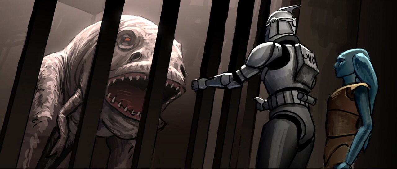 Concept art of Trooper Stak and Twi'lek Tae Boon discussing the blurgg, a riding animal on Ryloth