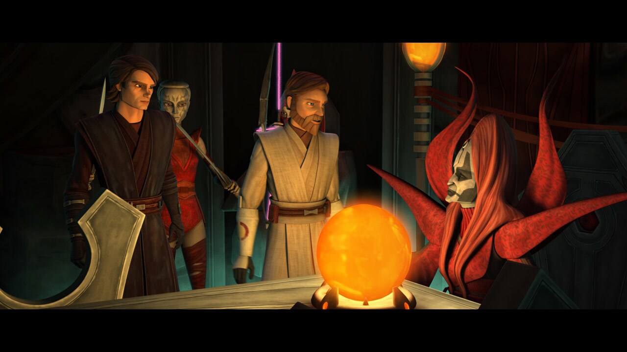 Obi-Wan and Anakin land near the Nightsisters' lair. Immediately surrounded by the female warrior...