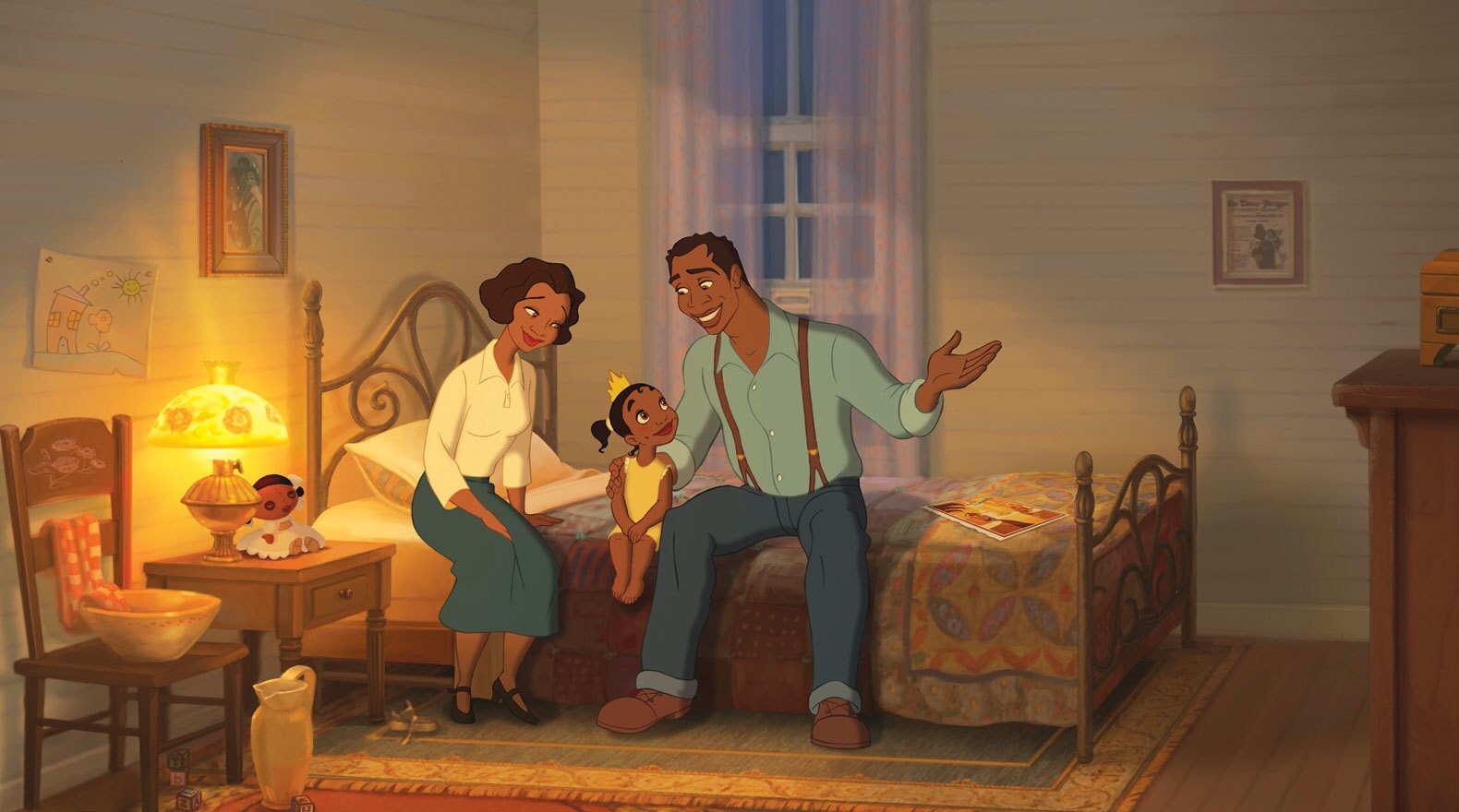 Tiana sits with her mother Eudora and James her father.