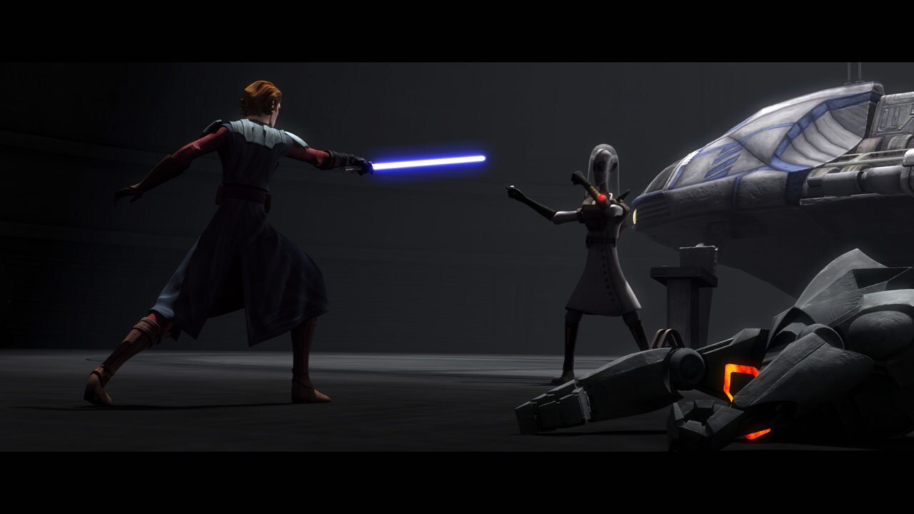Anakin finds Dr. Vindi's secret hangar and cuts through his battle droid guards. To distract Anak...
