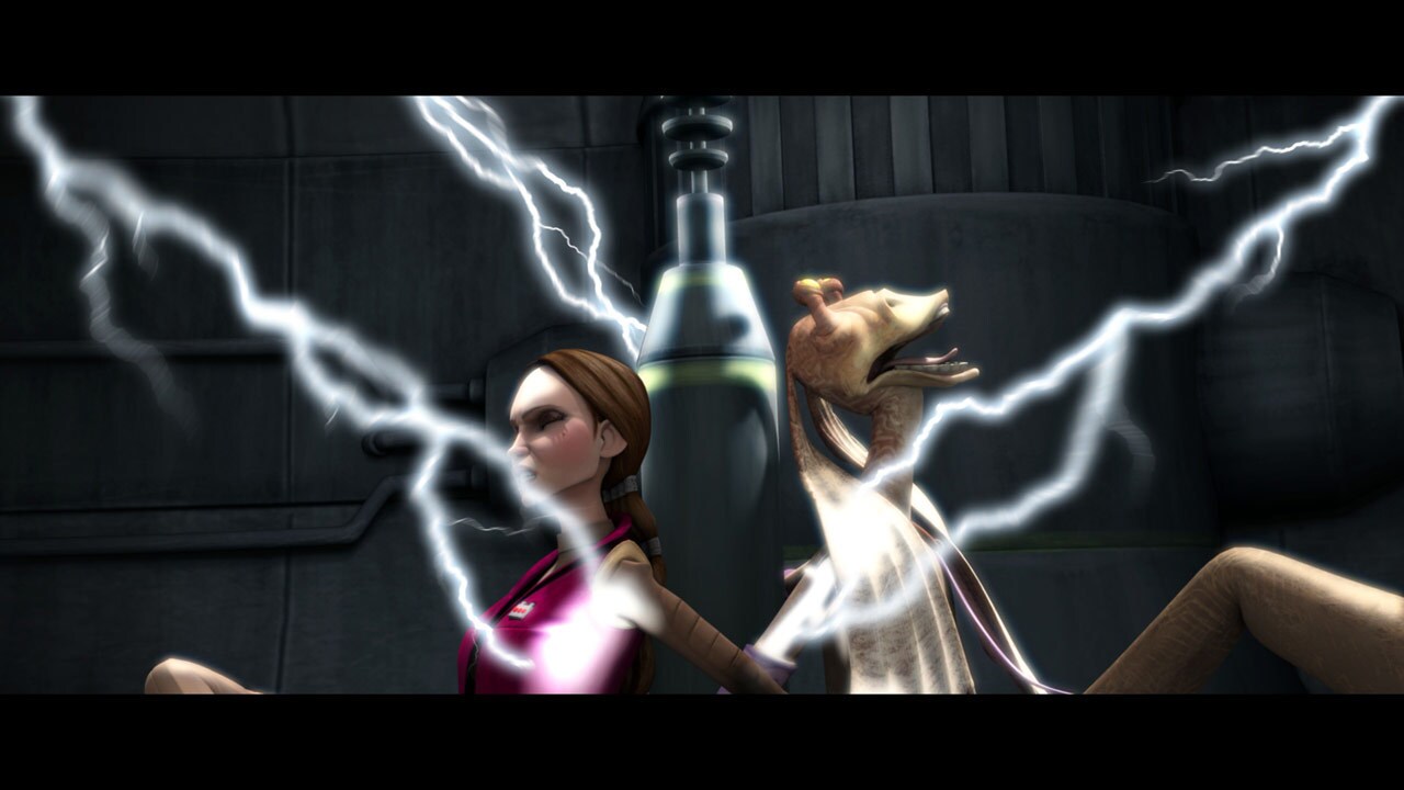 Anakin leads his troops into the laboratory, finding Vindi. He's got Padmé and Jar Jar tied to an...