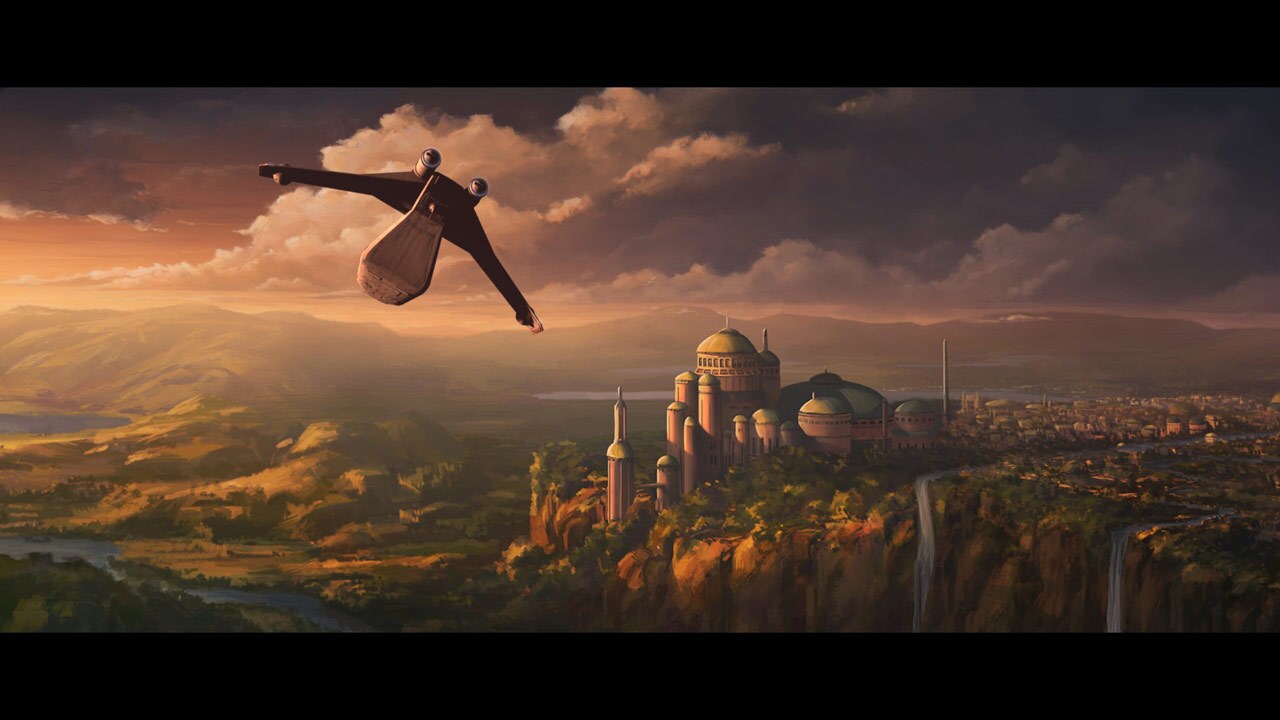 A gunship lands at Theed Royal Palace on Naboo. Anakin and Ahsoka emerge and are met by Captain T...