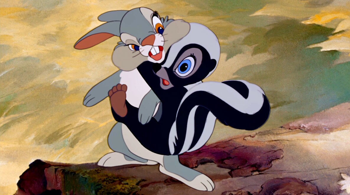 A frightened Flower hugs Thumper in the movie "Bambi"