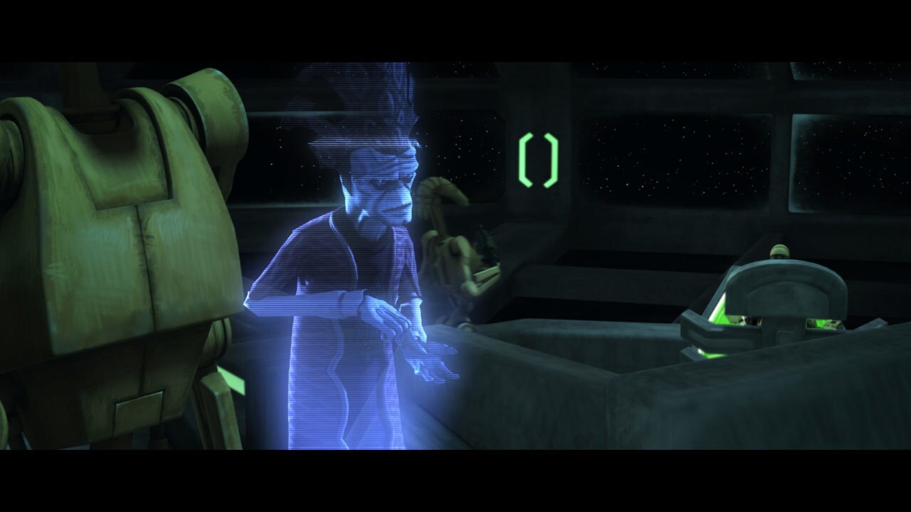 On the frigate's bridge, Cad Bane communicates with a hologram of Nute Gunray, who is upset about...