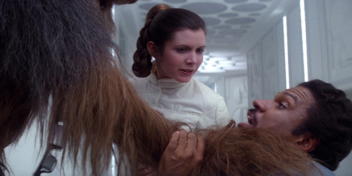 Leia Organa and Chewbacca interrogating Lando Calrissian on Bespin