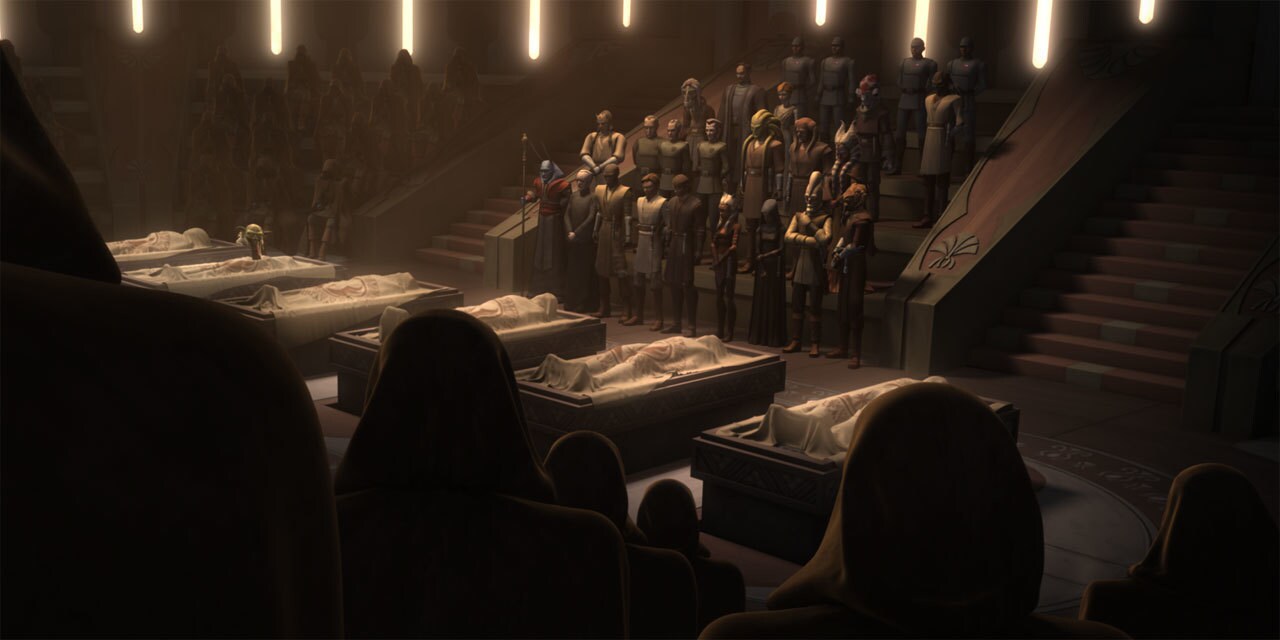 Among those in attendance of the Jedi funeral are Mas Amedda, Palpatine, Mace Windu, Obi-Wan Keno...