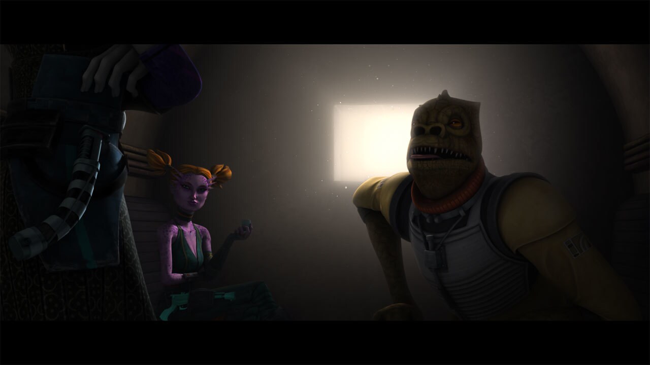 Asajj is called to a back booth by bounty hunters Bossk and Latts Razzi. They like Ventress's sty...